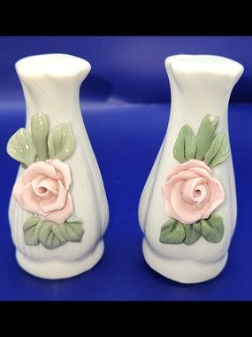 Vintage Porcelain Pink Rose Salt and Pepper Shakers Set